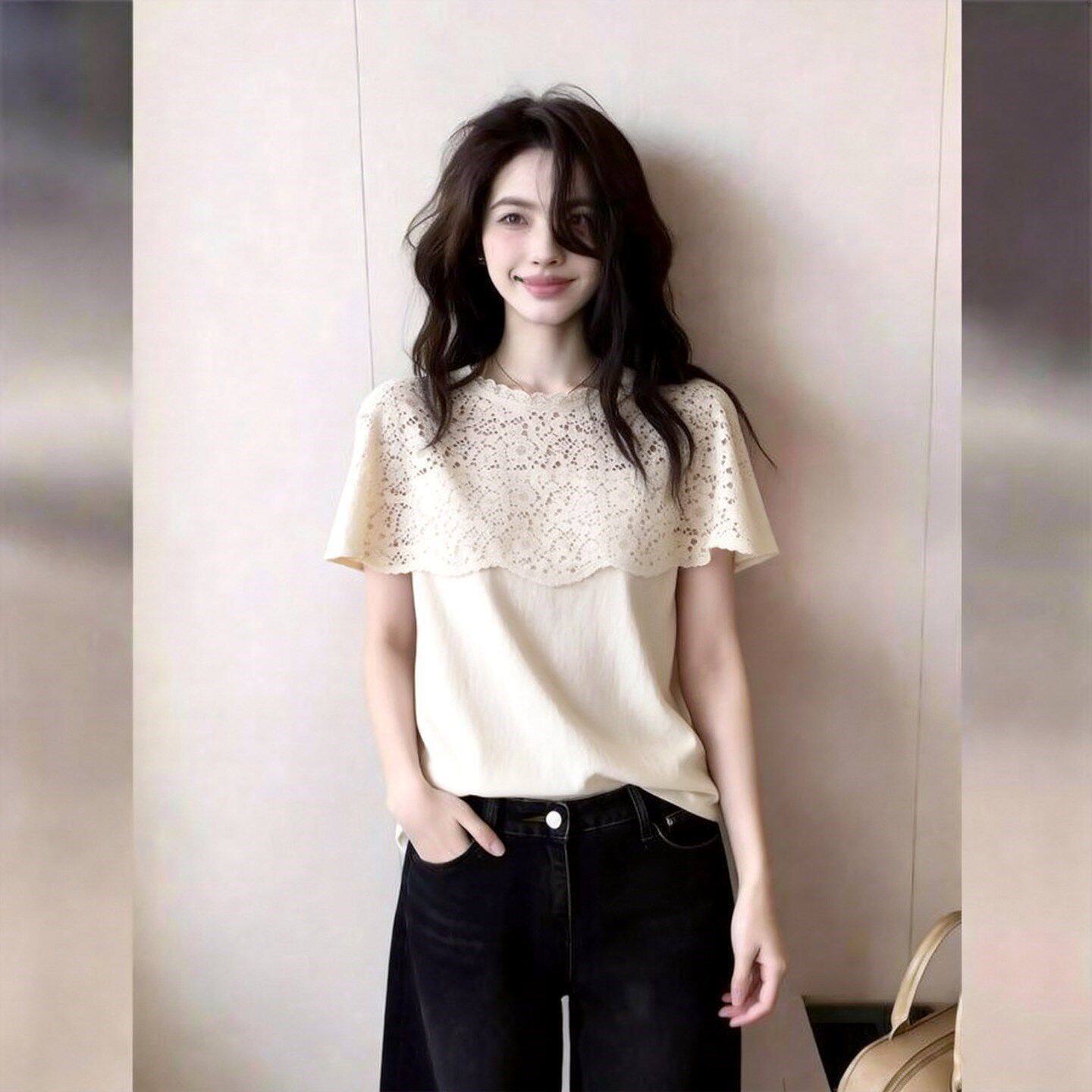 Áo thun ren ngắn tay kiểu Pháp cho nữ thiết kế độc đáo tinh tế — màu trắng chi tiết 3