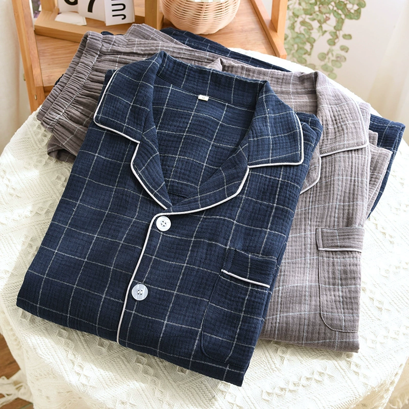 Мужская пижама из хлопка, двухслойная марля, тонкие брюки с длинными рукавами, плед, весна, лето и осень, домашняя одежда, свободная, большие размеры из двух предметов