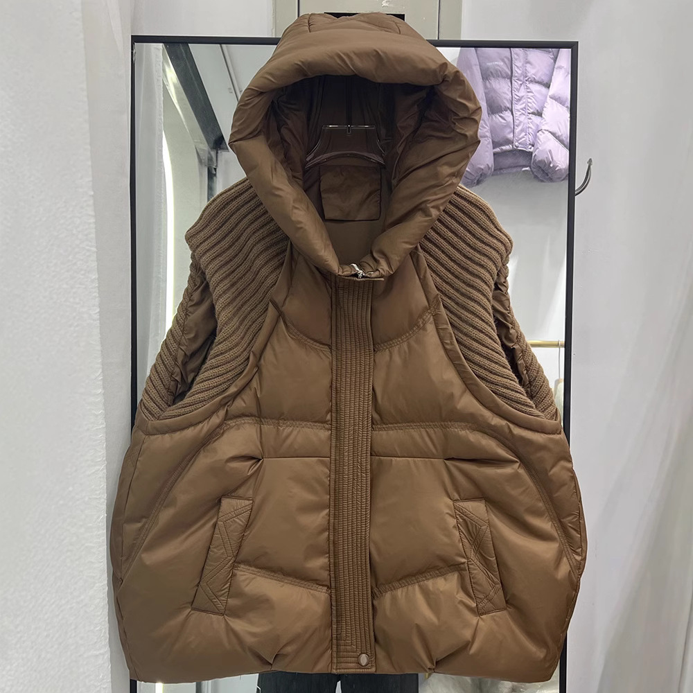 跨境秋冬新款羽绒服女马甲短款连帽厚款针织毛线白鸭绒韩版外套潮