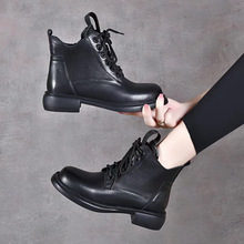 皮靴女马丁靴2023秋冬新款圆头平底绑带休闲短靴头层牛皮高帮女靴