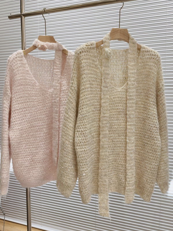 初秋の新しいレイジースパンコールモヘアセーター女性用+ホルターネックルーズスリム薄型中空セータートップ|undefined