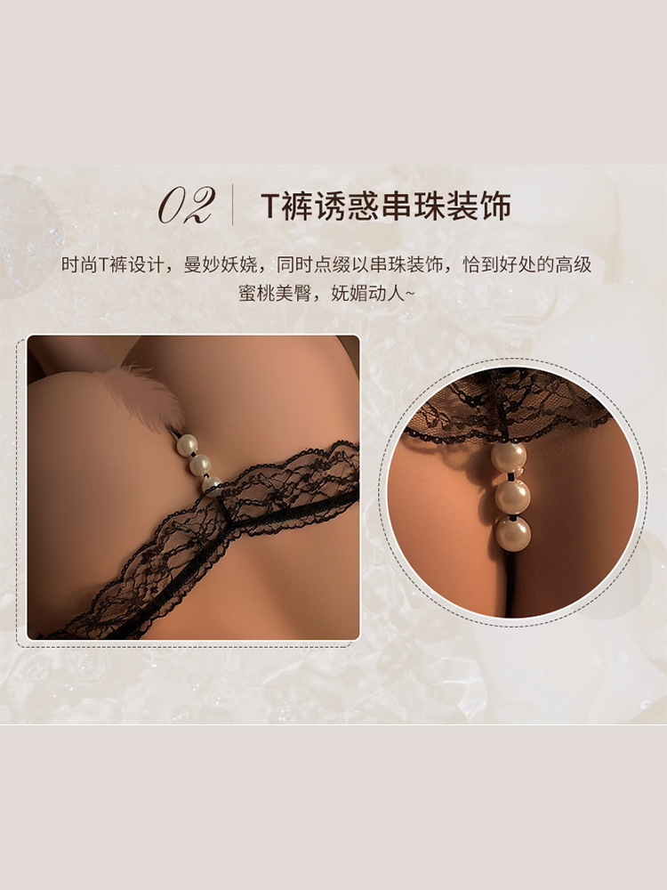 Xiucaisha Women’s Open-Crotch Lace Thong Set with Pearl Detail, Purple One Size — detail image 8