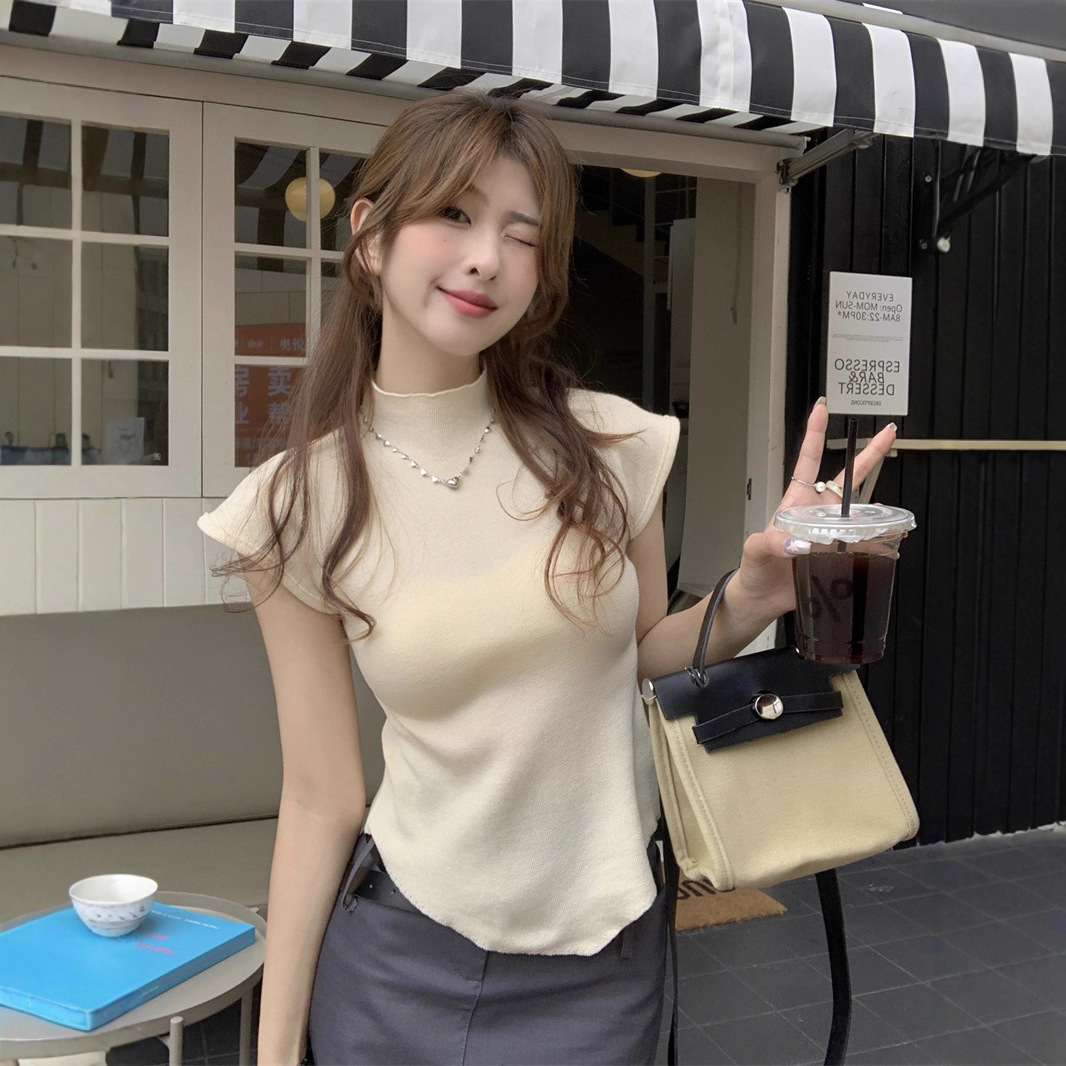 Hot Girl Pure Lust 스타일 하프 터틀넥 불규칙 디자인 스웨터 반팔 티셔츠 여성 여름 슬리밍 탑