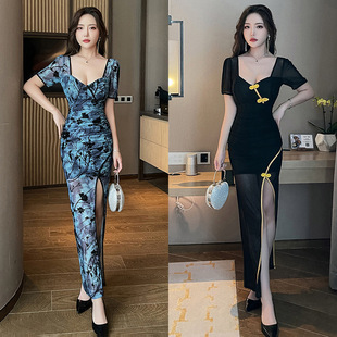 夜店公关女佳丽显瘦晚礼服长裙KTV模特公主低胸V领性感修身连衣裙-阿里巴巴