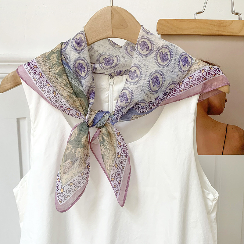 Bufanda de seda, bufanda cuadrada pequeña, personalidad retro, textura de algodón y lino, turbante, banda para el cabello, habitación con aire acondicionado de verano, protección para el cuello, chal exterior