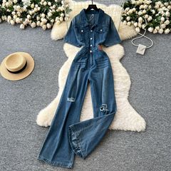 香港の味のカジュアルな連体のズボンの女性の夏服は軽くて熟している風のデザイン感があります。