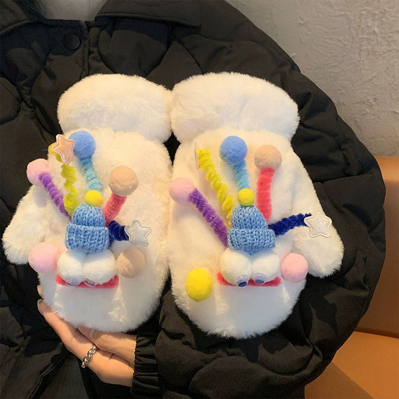 Plush warm winter plus plush funny female gloves for students, thick furry and cute outdoor cold protection cartoon_voghion.com