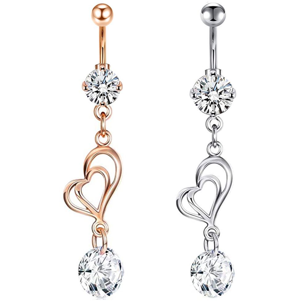 Long Double-Heart Stainless Steel Belly Button Ring with Heart-Shaped Zircon, European American Fashion Body Piercing detail image 8