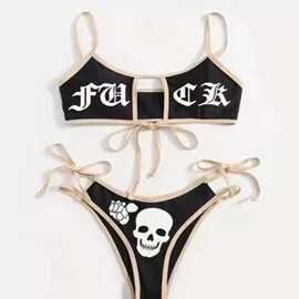 2021欧美独立站胶印比基尼天使魔鬼性感提胸女士分体泳衣bikini