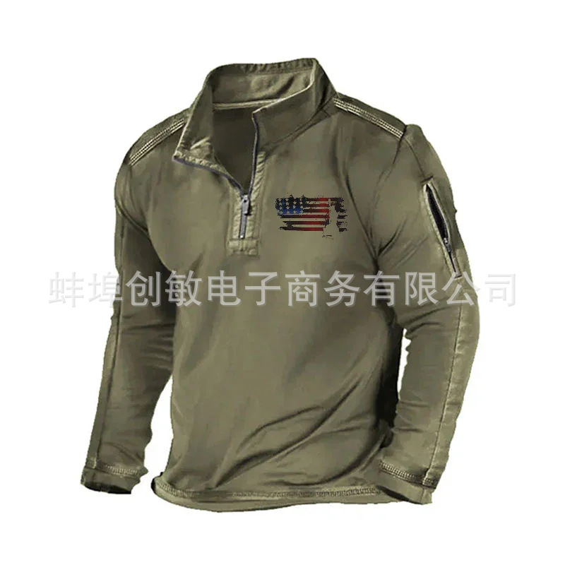 Primavera y otoño Comercio exterior más tamaño de los hombres al aire libre bolsillo con cremallera media cremallera cuello táctico de manga larga Camiseta suéter casual