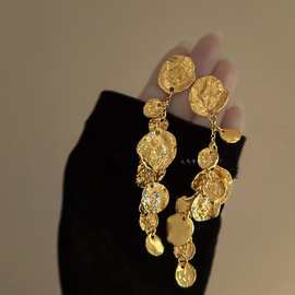 马德里的夜晚 高级感法式复古金属圆片流苏耳环轻奢小众气质度假