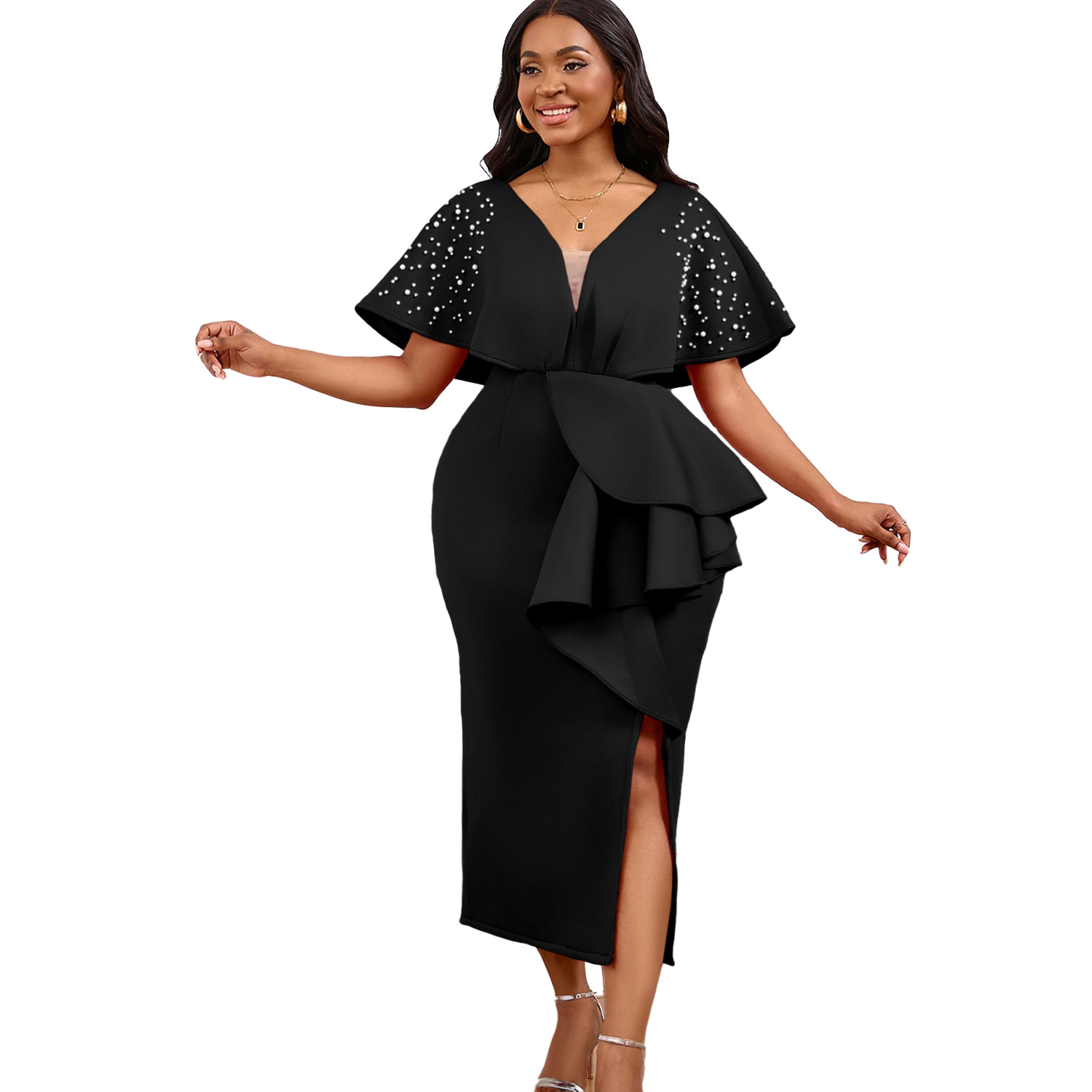 Robe de soirée sexy à col en V et à volants avec fente perlée, robe de banquet de tempérament de célébrité_voghion.com