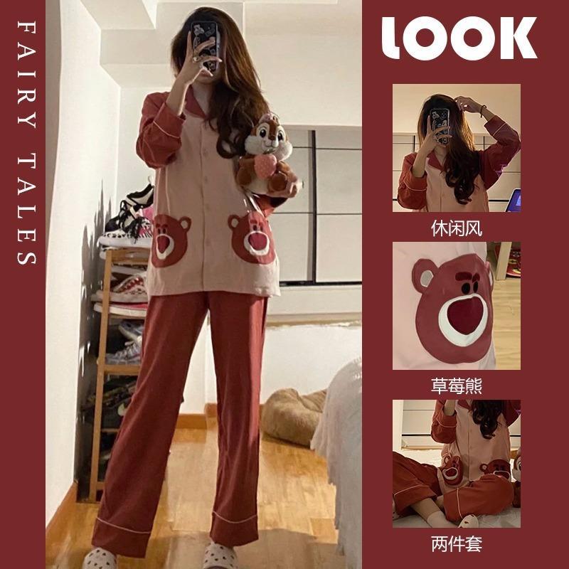 Nuevo Pijama Rojo en línea para mujer fresa oso Doble Bolsillo de dibujos animados para mujer estilo coreano 2022 traje de uso doméstico entrega de una pieza