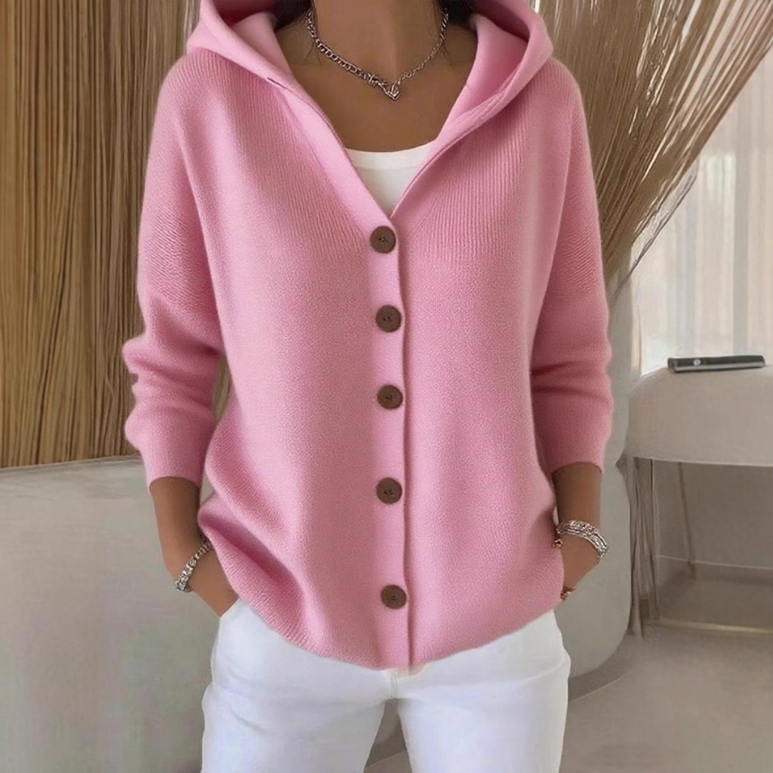 2025 European and American Button Knitted Hooded Cardigan Sweatshirt Jacket Autumn and Winter New Cross-Border Pure Color Casual Fashion Women's Clothing