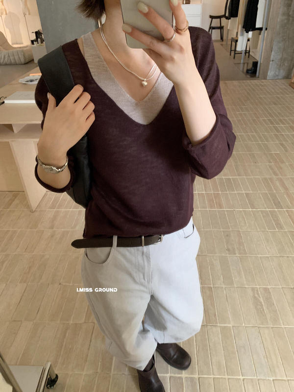 IMISS 2025秋季韩系小心机V领假两件冰丝长袖针织衫女上衣H01188|undefined