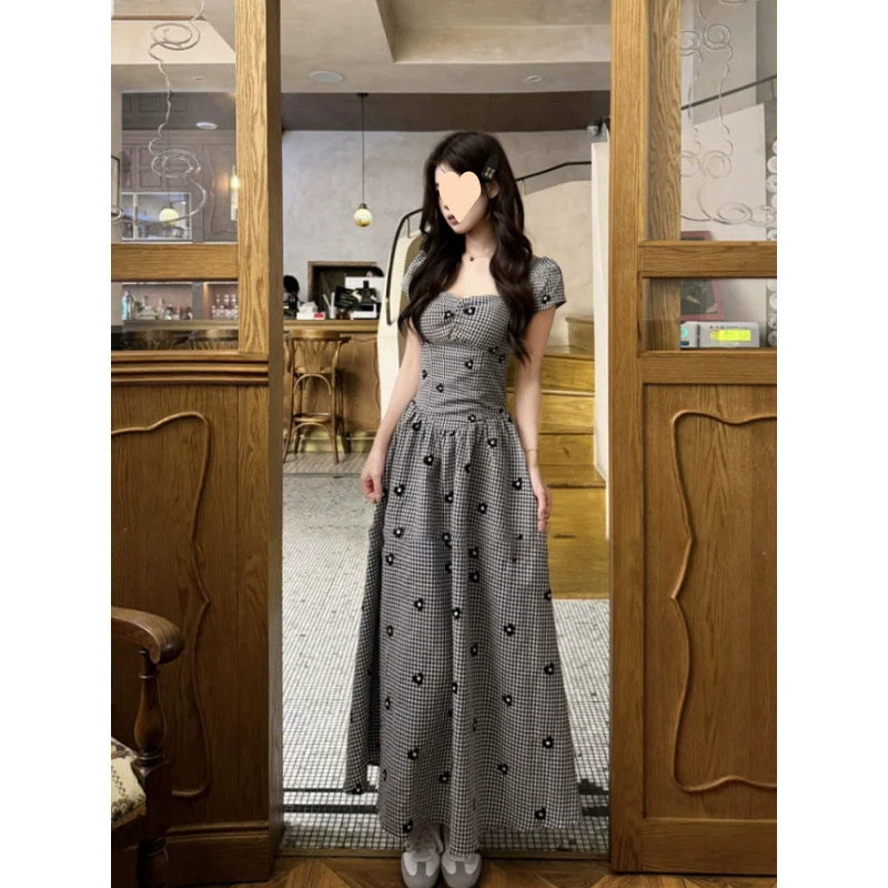Летний новый стиль, нежная черно-белая клетчатая длинная юбка в стиле Хепберн для перерыва на чай, утягивающее талию, платье во французском пасторальном стиле