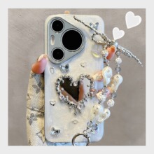 适用华为pura70pro+新款手机壳mate60pro+高级感水钻滴胶爱心镜面70Ultra手链条mate40/50pro网红保护套