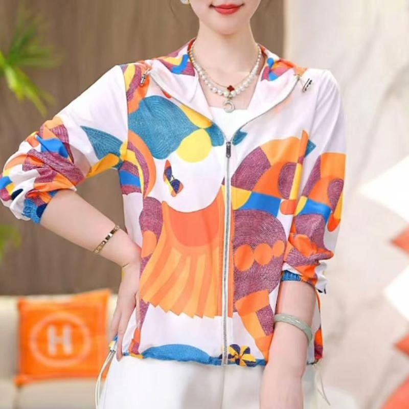 妈妈装印花防晒服外套女夏季新款减龄休闲户外夏装抽绳防晒上衣