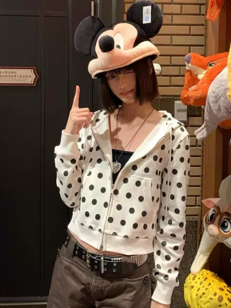 Unique and Chic Hooded Polka Dot Cardigan Sweatshirt Autum New Design Casual Slim Zipper Jacket Top Trendy
