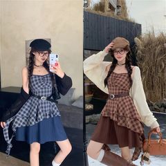 胖mm韩系辣妹时尚格纹女秋季新款收腰显瘦不规则吊带裙大码连衣裙
