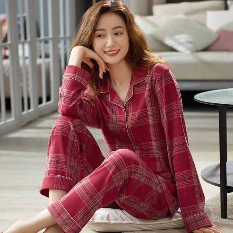 100% pijamas de algodón puro de las mujeres de primavera y otoño de manga larga Otoño e Invierno casual cómodo Plaid desgaste del hogar