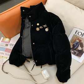 黑色丝绒复古短款羽绒棉服女冬季年新款棉袄加厚立领外套棉衣