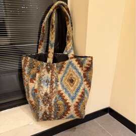 复古毛呢大容量冬季新款毛绒系列民族风单肩包托特包秋冬百搭包包