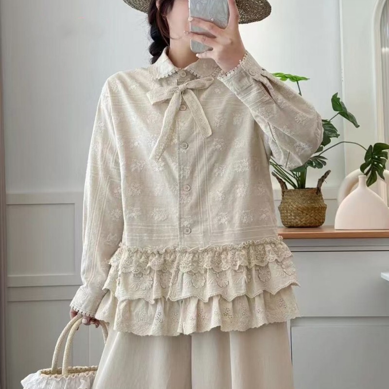 Japanese Style Mori Style Embroidered Jacquard Cotton Shirt Women's Spring New Arrival Multi-Layer Lace-Up Top with Sweet Lace-Up Collar