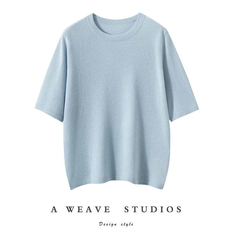 Fine-Spun 100% Pure Cashmere Short-Sleeved Women's Loose Knitted Cashmere Sweater Round Neck Pure Cashmere Sweater Spring & Fall Thin T-Shirt