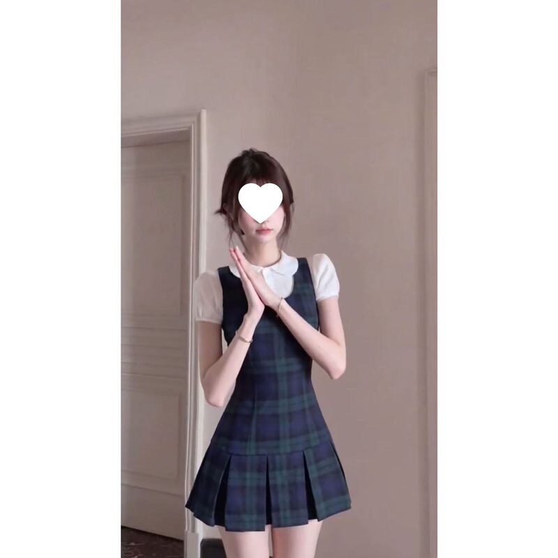 2026 new gentle and sweet outfit: doll collar short-sleeve shirt paired with plaid vest dress two-piece set 2026 new gentle and sweet outfit: doll collar short-sleeve shirt paired with plaid vest dress two-piece set