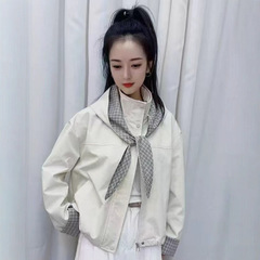 韩系时尚假两件外套女2025秋季简约撞色格纹时尚百搭休闲夹克上衣