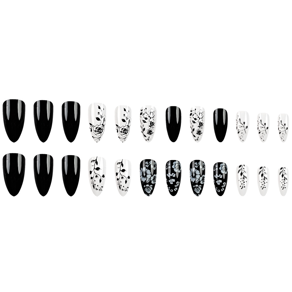 Comercio extranjero venta caliente parche de uñas falsas flores blancas y negras de alta calidad manicure estilo chino tinta almendra para vestir piezas de uñas
