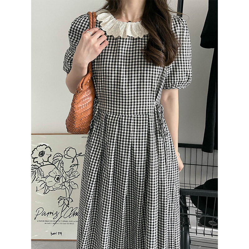 Tangerine 2025 Plaid Short-Sleeved Dress Pastoral Style Retro Mid-Length Lace Waist Slimming Look A8899