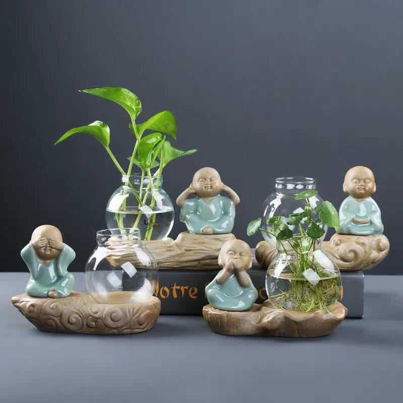 Creative Ceramic Little Monk Glass suit Flower Pot Gardening Home Small Ornaments Loess Pottery Non-porous Hydroponic Green Pot