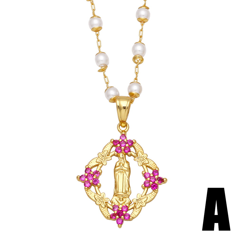 Fashion Colorful Zircon Flower Virgin Mary Female Simple Pearl Chain Necklace Copper Necklace