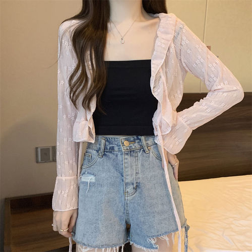 Summer new style ruffled lace sun protection cardigan feminine holiday style small shawl blouse thin jacket