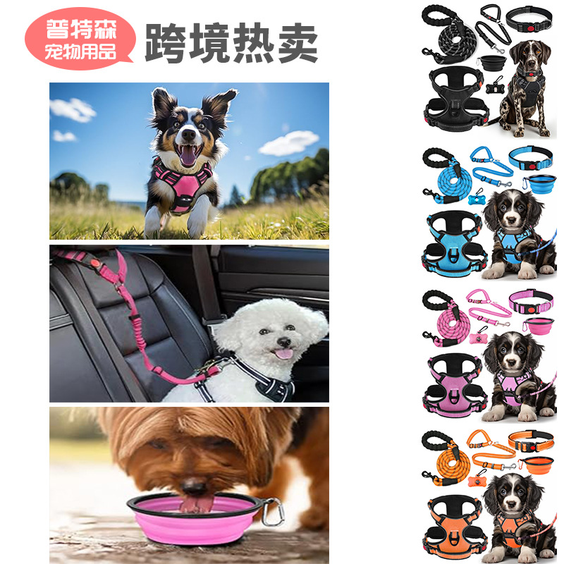 Dog Harness, Collar, and Leash Set Includes Safety Harness, Bowl, and Poop Bag Dispenser for Pet Dogs