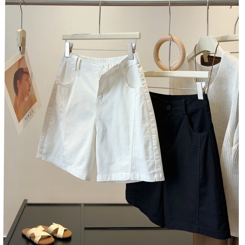 White High-Waisted Wide-Leg Washed Cotton Casual Shorts for Women, New Summer Korean Style, Loose Fit, Slimming, Stretchy, Versatile Straight-Leg Pants White High-Waisted Wide-Leg Washed Cotton Casual Shorts for Women, New Summer Korean Style, Loose Fit, Slimming, Stretchy, Versatile Straight-Leg Pants