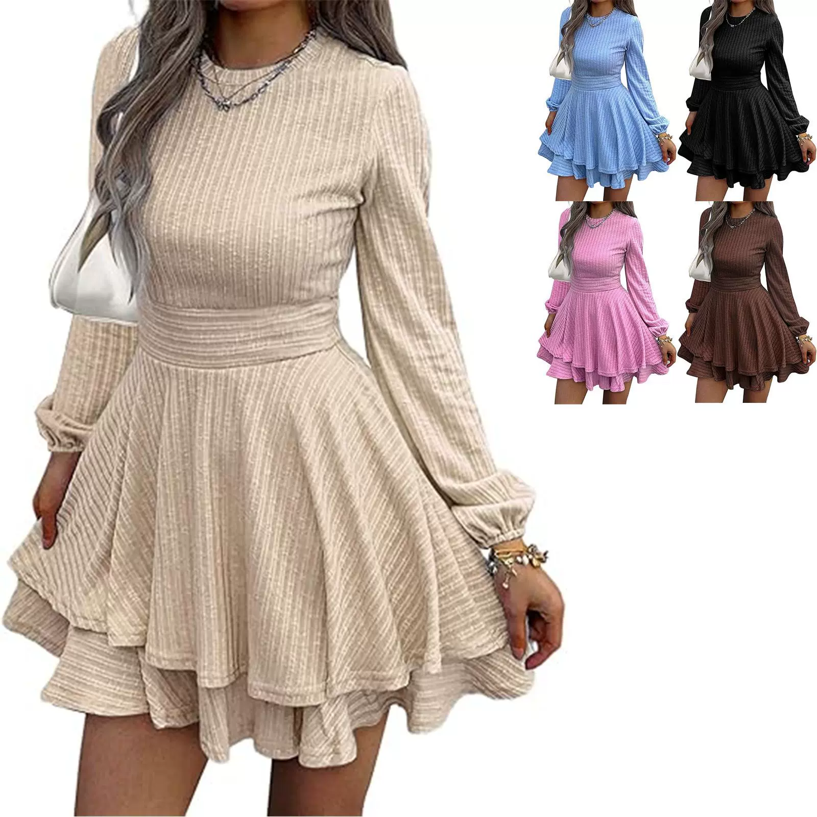 女式坑条连衣裙秋冬季亚马逊欧美女装新款针织褶皱喇叭袖多层短裙