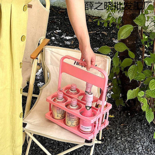 French Retro Pure Color Beverage Beer Portable Basket Storage Cup Holder Portable Folding Picnic Basket