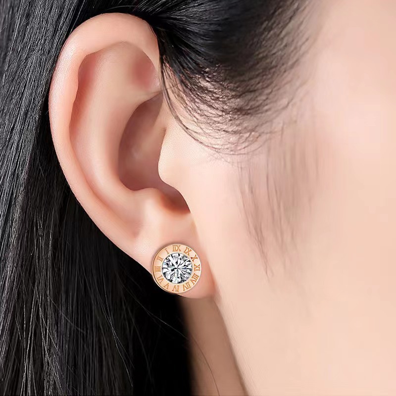 hot selling fashion stainless steel Roman numeral diamond earrings small temperament temperament high end earrings Korean version_voghion.com