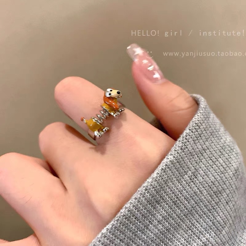 Divertido pequeño monstruo anillo grandes ojos salchicha boca dedo índice anillo dulce fresco dibujos animados lindo novias pareja anillo joyería