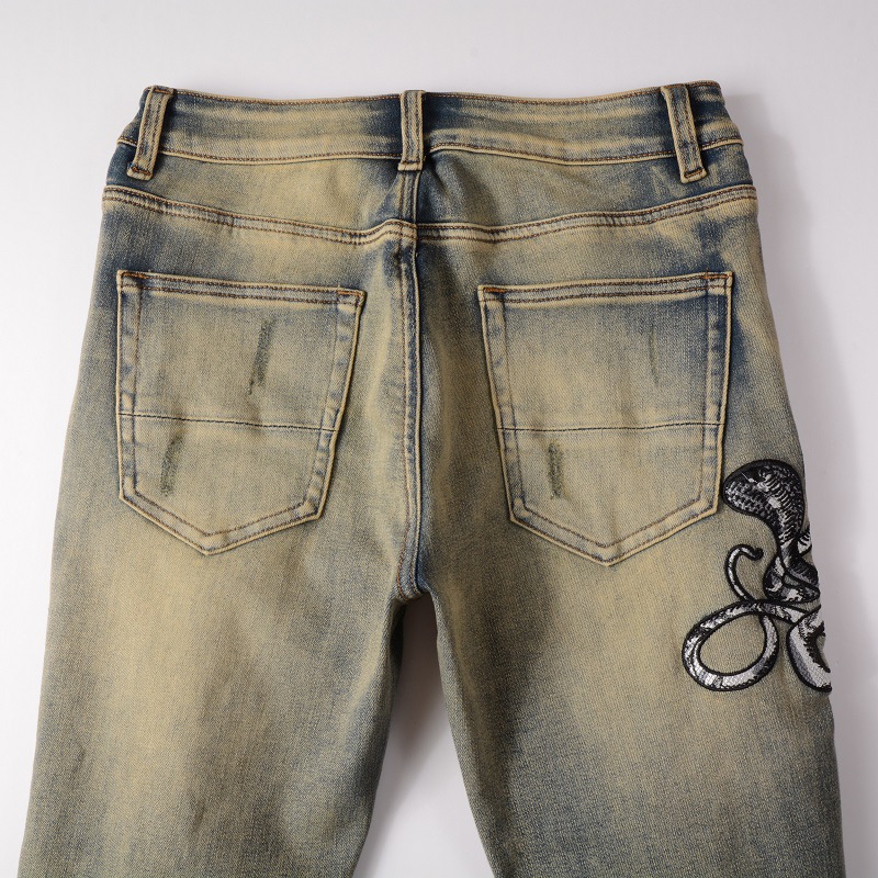 Men's Clothing high street embroidered men's jeans, ripped jeans, nostalgic retro scraped denim pants #6611_voghion.com