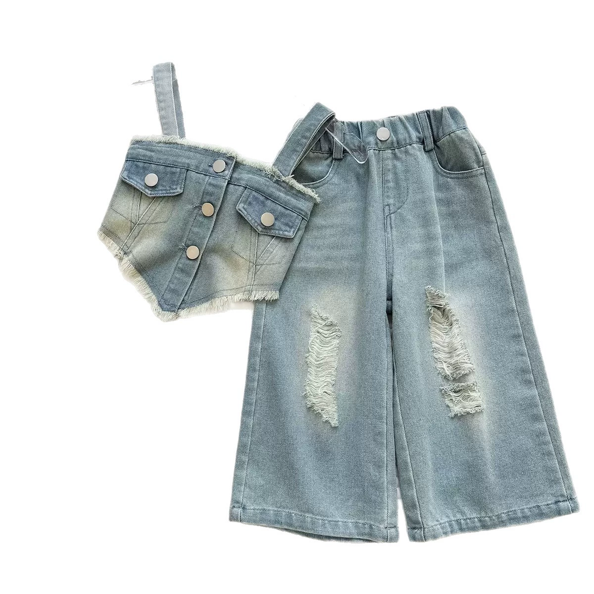 Denim summer set, top with cups, children's trousers