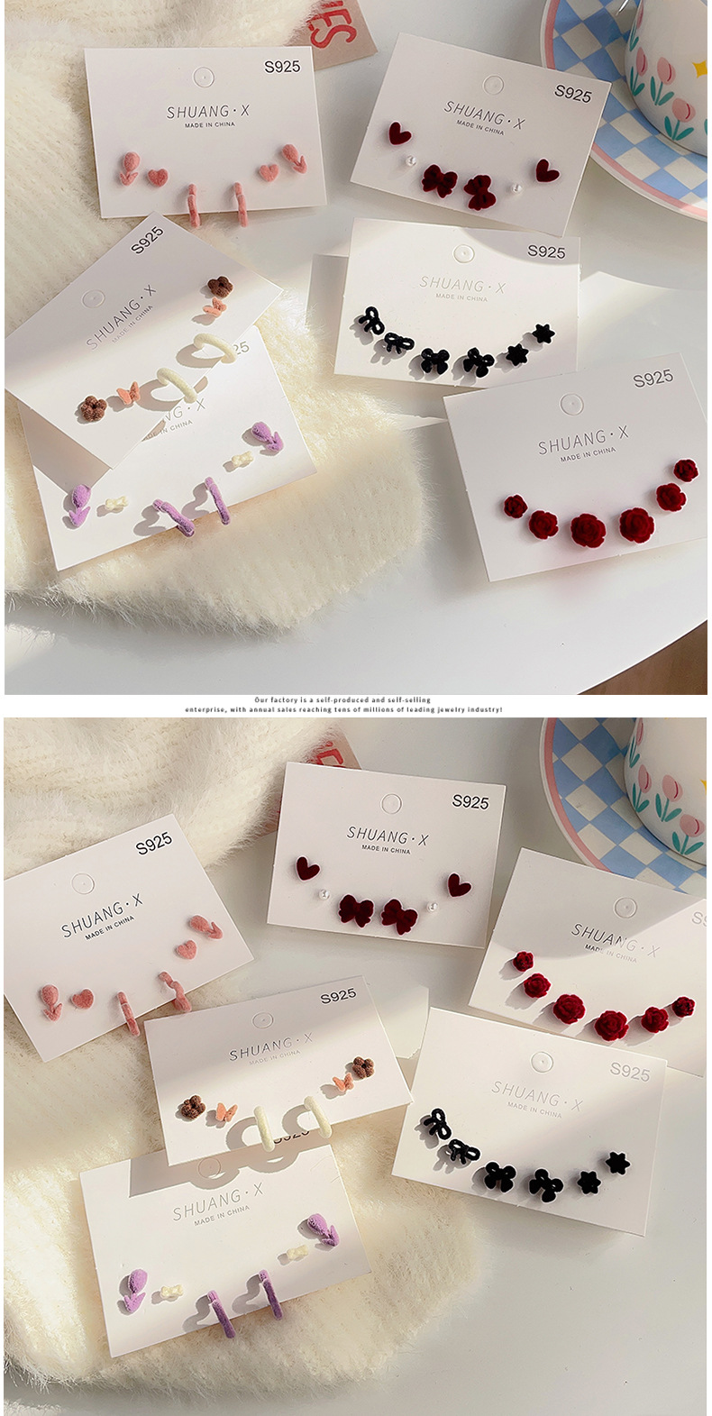 Sweet Flower Bow Knot Flocking Inlay Pearl Womenu0027S Ear Studs 3 Pairs