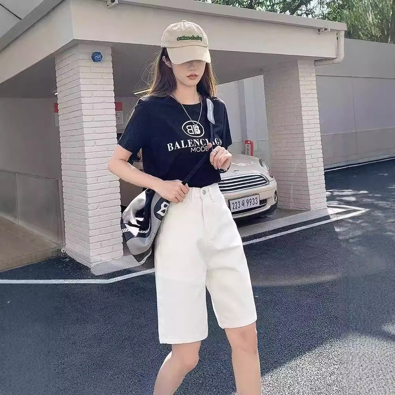 White Straight Denim Shorts Women's Summer New Arrival Five-point Pants High Waist Loose Wide-leg Korean Student Trendy Pants Ins