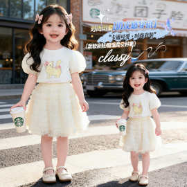 2026女童夏季新款简约时尚泡泡袖卡通猫咪短袖蓬蓬蛋糕裙甜美可爱