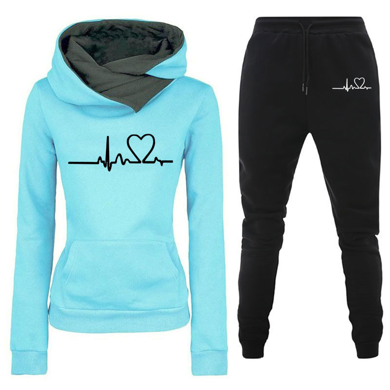 Cross-Border New Spring, Autumn, and Winter Casual Sportswear Set with Heartbeat Frequency Print, Women's Matching Hoodie and Sweatshirt Set