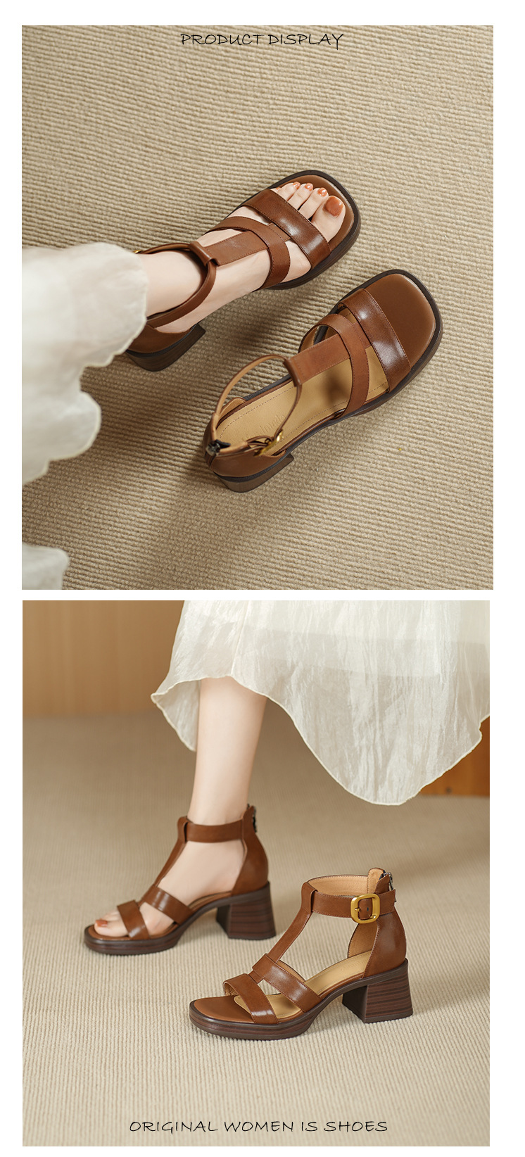 Sandal nữ cao gót 6 cm mũi hở quai chữ T khóa hậu — nâu chi tiết 4