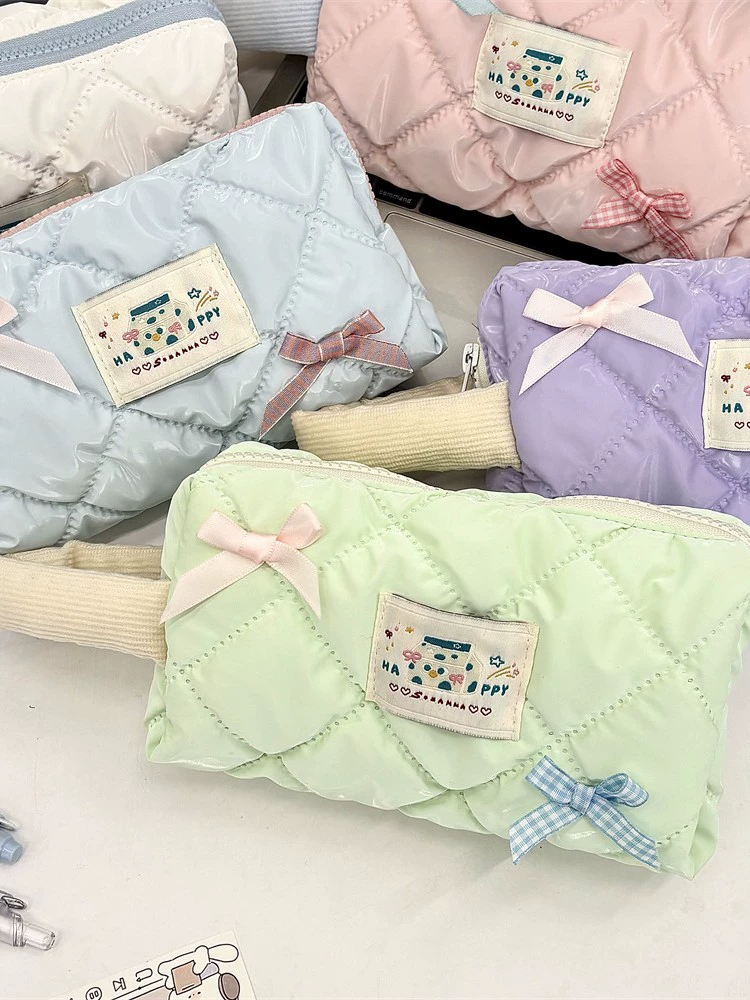 Capacious Pencil Case, Handheld Storage Bag with Bow Accent, Quilted Design, Multiple Colors